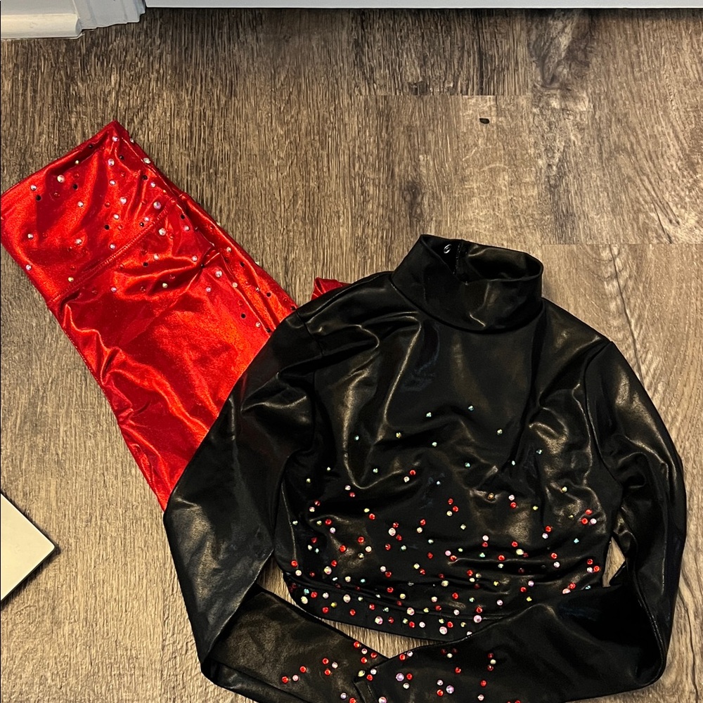 Black and Red Rhinestone Top and Pants Dance Costume